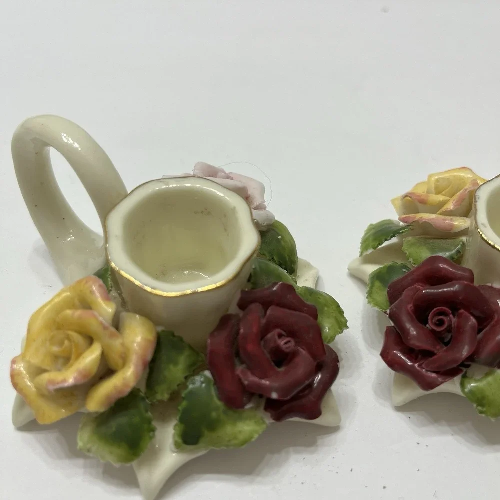 Vintage Porcelain Taper Candle Holders Finger Loop White 3D Hand Painted Roses 2